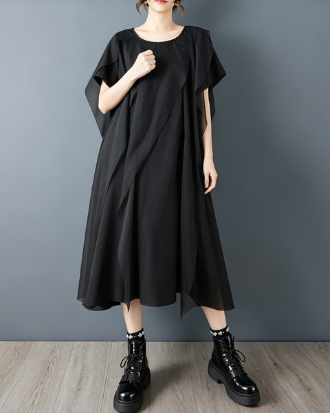 ellazhu Women's Gothic Mesh Patchwork Maxi Dress Short Sleeve Loose Plus Size Layered Ruffle Flowy A Line Casual GZ959