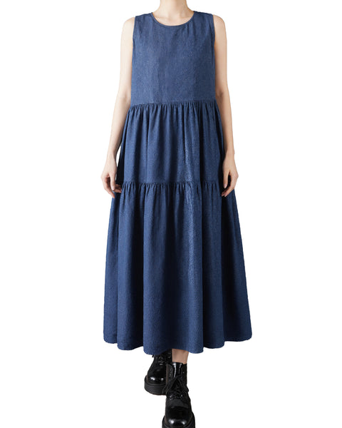 ellazhu Women's Sleeveless Denim Maxi Dress Tiered A Line Loose Plus Size Vintage Boho Flowy Casual Sundress GZ960