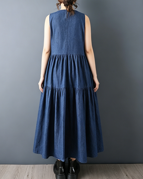 ellazhu Women's Sleeveless Denim Maxi Dress Tiered A Line Loose Plus Size Vintage Boho Flowy Casual Sundress GZ960