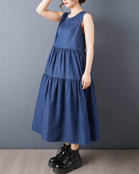 ellazhu Women's Sleeveless Denim Maxi Dress Tiered A Line Loose Plus Size Vintage Boho Flowy Casual Sundress GZ960