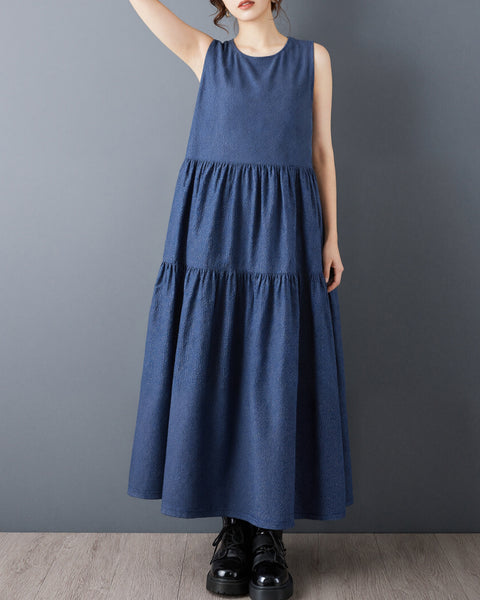 ellazhu Women's Sleeveless Denim Maxi Dress Tiered A Line Loose Plus Size Vintage Boho Flowy Casual Sundress GZ960