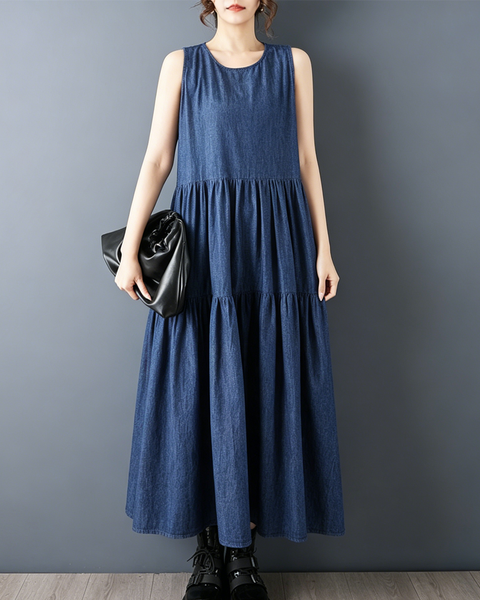 ellazhu Women's Sleeveless Denim Maxi Dress Tiered A Line Loose Plus Size Vintage Boho Flowy Casual Sundress GZ960