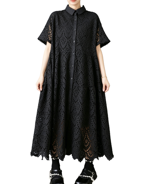 ellazhu Women's Embroidered Eyelet Lace Shirt Dress Button Down Short Sleeve Loose Plus Size Collared Maxi GZ961