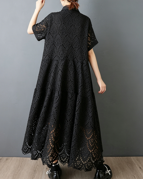 ellazhu Women's Embroidered Eyelet Lace Shirt Dress Button Down Short Sleeve Loose Plus Size Collared Maxi GZ961