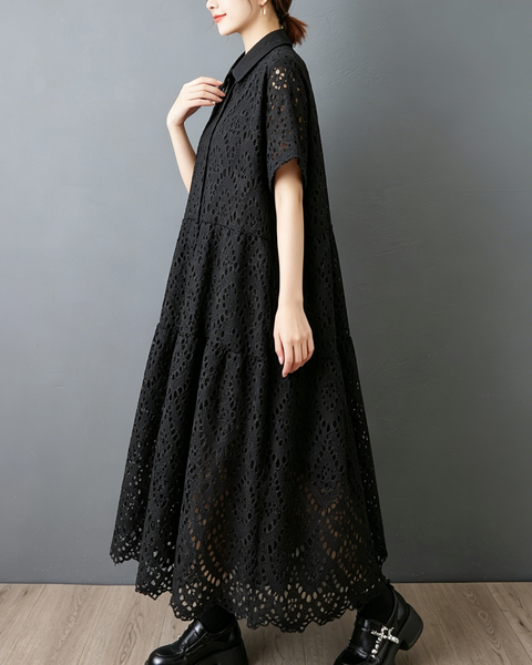 ellazhu Women's Embroidered Eyelet Lace Shirt Dress Button Down Short Sleeve Loose Plus Size Collared Maxi GZ961