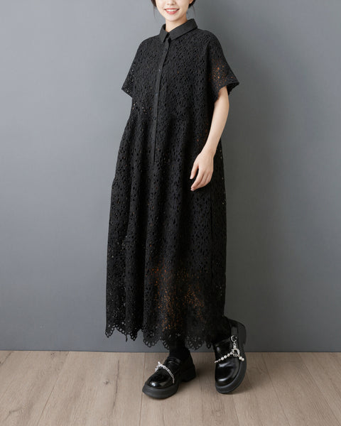 ellazhu Women's Embroidered Eyelet Lace Shirt Dress Button Down Short Sleeve Loose Plus Size Collared Maxi GZ961