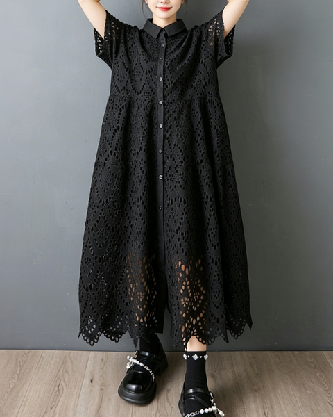 ellazhu Women's Embroidered Eyelet Lace Shirt Dress Button Down Short Sleeve Loose Plus Size Collared Maxi GZ961