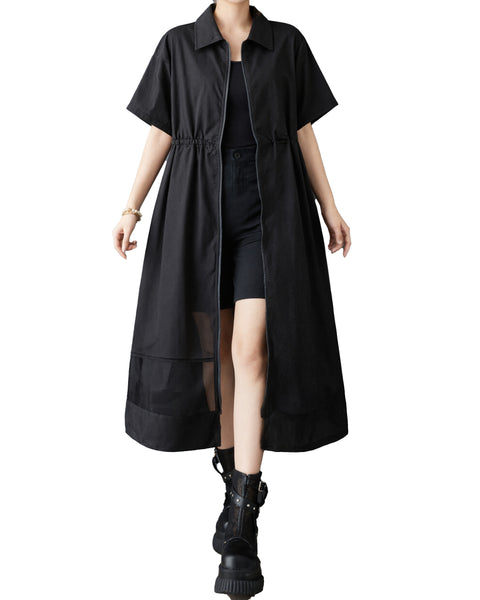ellazhu Women's Mesh Shirt Dress Zip Up Short Sleeve Drawstring Waist Sheer Hem Loose Midi Dress A Line Plus Size GZ962