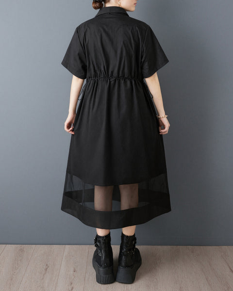 ellazhu Women's Mesh Shirt Dress Zip Up Short Sleeve Drawstring Waist Sheer Hem Loose Midi Dress A Line Plus Size GZ962
