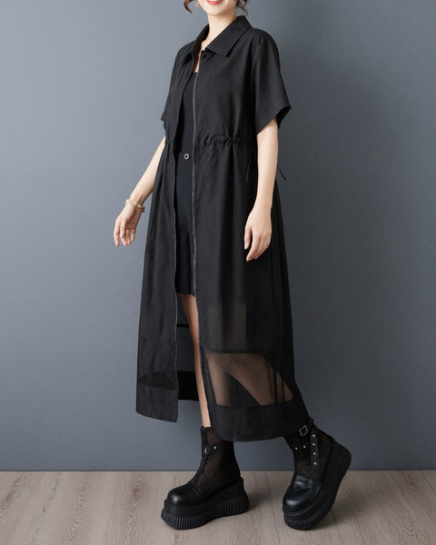 ellazhu Women's Mesh Shirt Dress Zip Up Short Sleeve Drawstring Waist Sheer Hem Loose Midi Dress A Line Plus Size GZ962