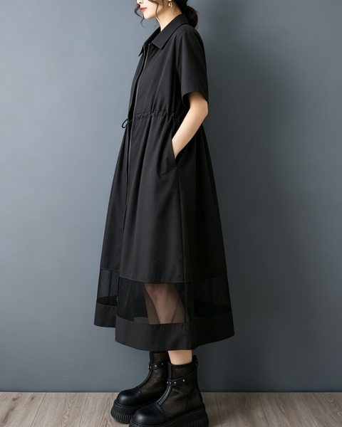 ellazhu Women's Mesh Shirt Dress Zip Up Short Sleeve Drawstring Waist Sheer Hem Loose Midi Dress A Line Plus Size GZ962
