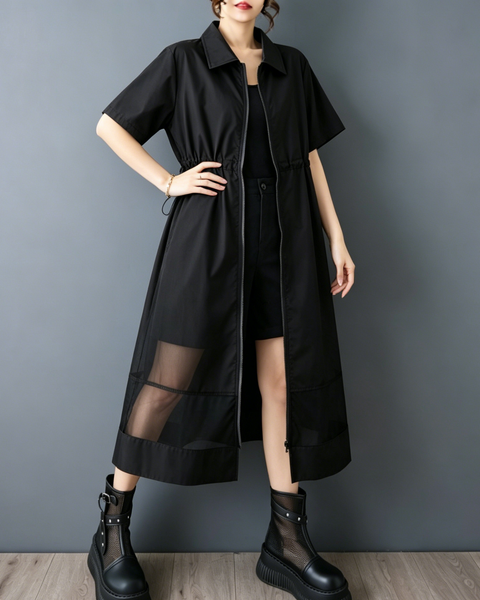 ellazhu Women's Mesh Shirt Dress Zip Up Short Sleeve Drawstring Waist Sheer Hem Loose Midi Dress A Line Plus Size GZ962