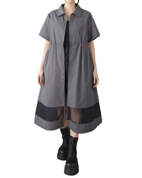 ellazhu Women's Mesh Shirt Dress Zip Up Short Sleeve Drawstring Waist Sheer Hem Loose Midi Dress A Line Plus Size GZ962