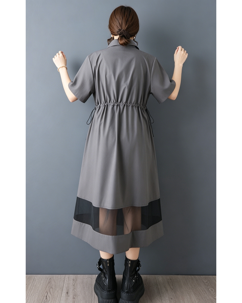 ellazhu Women's Mesh Shirt Dress Zip Up Short Sleeve Drawstring Waist Sheer Hem Loose Midi Dress A Line Plus Size GZ962