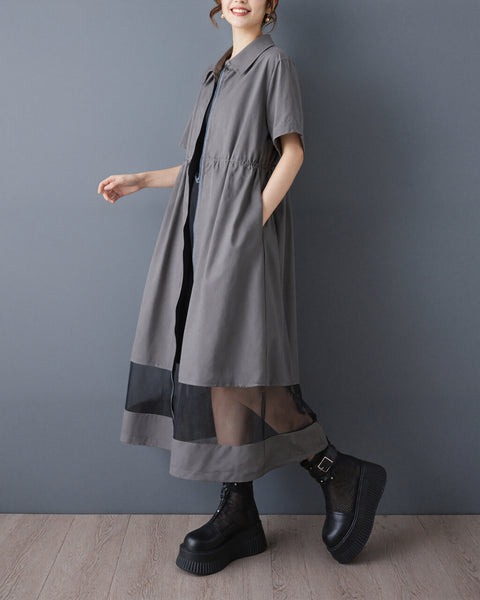ellazhu Women's Mesh Shirt Dress Zip Up Short Sleeve Drawstring Waist Sheer Hem Loose Midi Dress A Line Plus Size GZ962