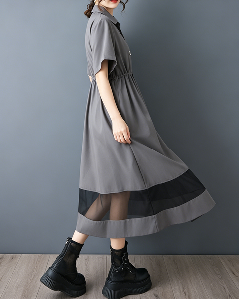 ellazhu Women's Mesh Shirt Dress Zip Up Short Sleeve Drawstring Waist Sheer Hem Loose Midi Dress A Line Plus Size GZ962