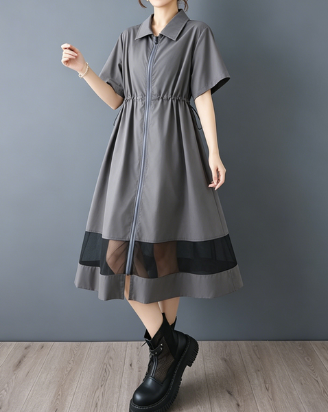 ellazhu Women's Mesh Shirt Dress Zip Up Short Sleeve Drawstring Waist Sheer Hem Loose Midi Dress A Line Plus Size GZ962