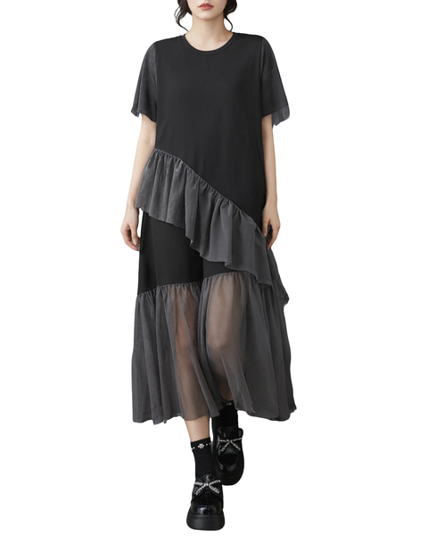 ellazhu Women's Mesh Patchwork Maxi Dress Short Sleeve Ruffle Tulle Layered Asymmetrical Hem Loose Tee Dress GZ963