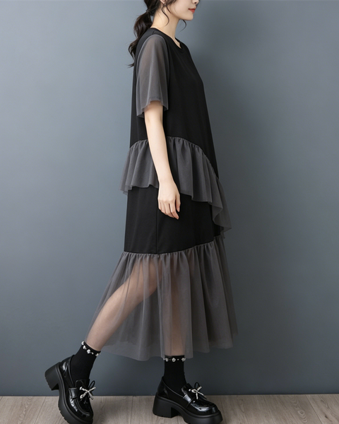 ellazhu Women's Mesh Patchwork Maxi Dress Short Sleeve Ruffle Tulle Layered Asymmetrical Hem Loose Tee Dress GZ963