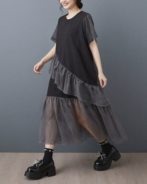 ellazhu Women's Mesh Patchwork Maxi Dress Short Sleeve Ruffle Tulle Layered Asymmetrical Hem Loose Tee Dress GZ963