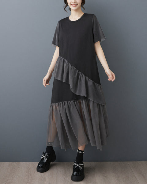 ellazhu Women's Mesh Patchwork Maxi Dress Short Sleeve Ruffle Tulle Layered Asymmetrical Hem Loose Tee Dress GZ963