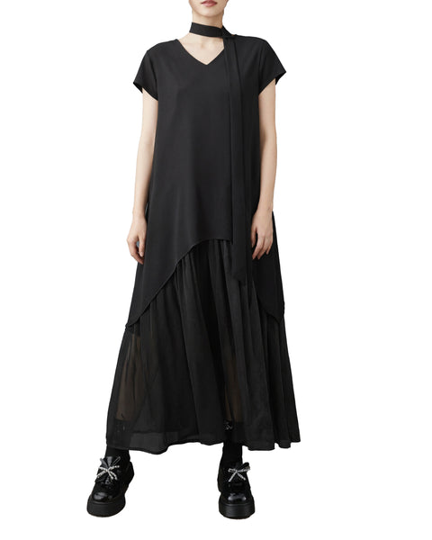 ellazhu Women's V Neck Mesh Patchwork Maxi Dress Asymmetrical Hem Short Sleeve Loose Gothic Plus Size Layered GZ964
