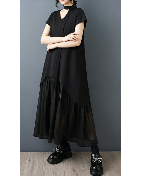 ellazhu Women's V Neck Mesh Patchwork Maxi Dress Asymmetrical Hem Short Sleeve Loose Gothic Plus Size Layered GZ964