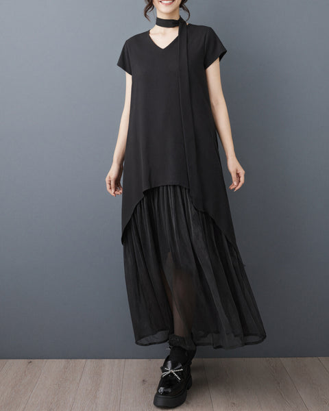 ellazhu Women's V Neck Mesh Patchwork Maxi Dress Asymmetrical Hem Short Sleeve Loose Gothic Plus Size Layered GZ964
