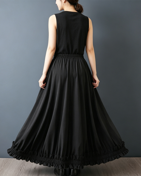 ellazhu Women's Mesh Patchwork Maxi Skirt Button Front Elastic Waist Ruffle Hem Pleated A Line Gothic Plus Size GZ965