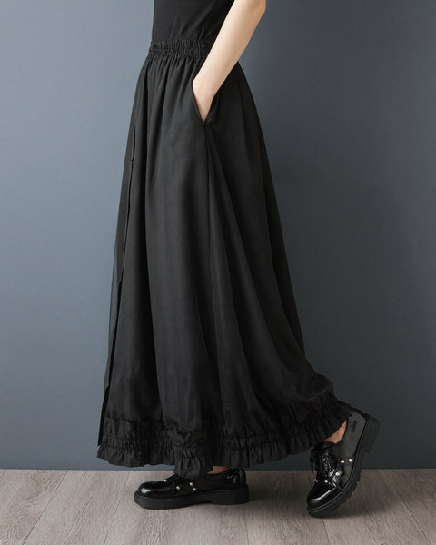 ellazhu Women's Mesh Patchwork Maxi Skirt Button Front Elastic Waist Ruffle Hem Pleated A Line Gothic Plus Size GZ965