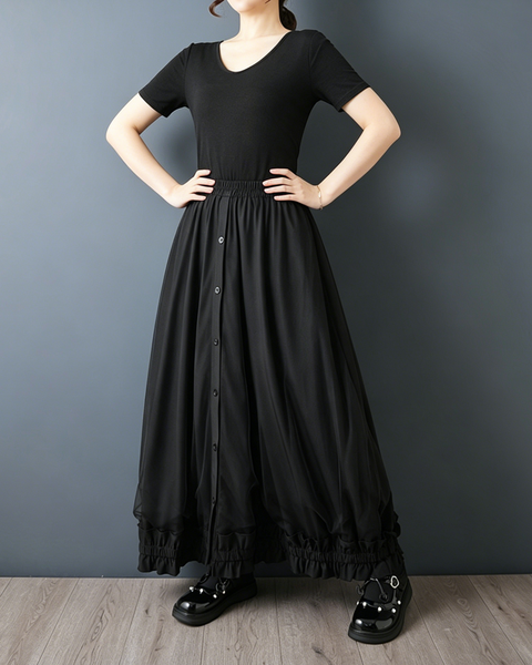 ellazhu Women's Mesh Patchwork Maxi Skirt Button Front Elastic Waist Ruffle Hem Pleated A Line Gothic Plus Size GZ965