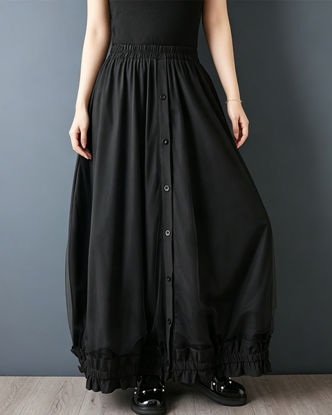 ellazhu Women's Mesh Patchwork Maxi Skirt Button Front Elastic Waist Ruffle Hem Pleated A Line Gothic Plus Size GZ965