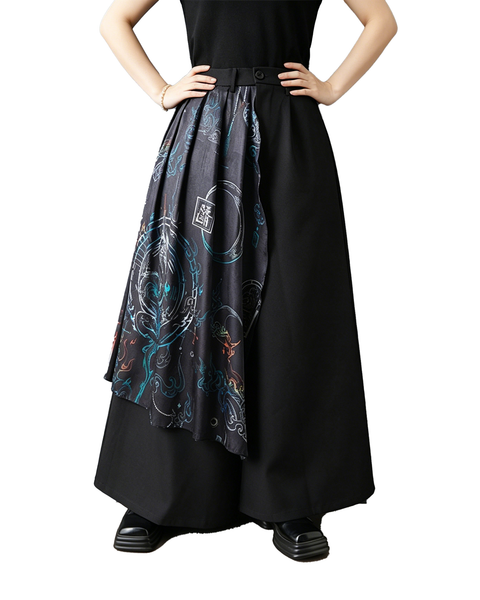ellazhu Women's Printed Wide Leg Pants Chinese Style Patchwork Palazzo Culottes Loose Fit Asymmetrical High Waist GZ966