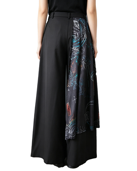 ellazhu Women's Printed Wide Leg Pants Chinese Style Patchwork Palazzo Culottes Loose Fit Asymmetrical High Waist GZ966