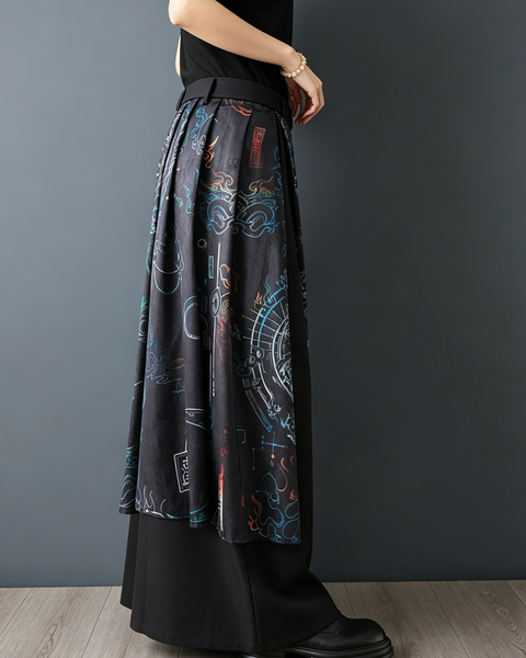 ellazhu Women's Printed Wide Leg Pants Chinese Style Patchwork Palazzo Culottes Loose Fit Asymmetrical High Waist GZ966