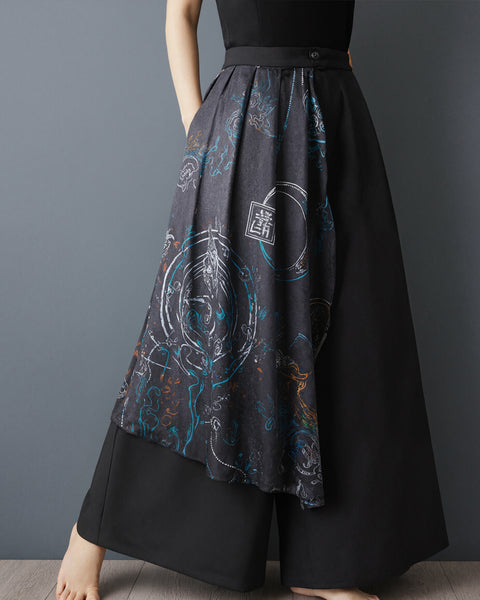 ellazhu Women's Printed Wide Leg Pants Chinese Style Patchwork Palazzo Culottes Loose Fit Asymmetrical High Waist GZ966