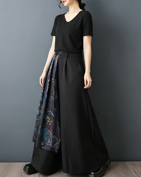 ellazhu Women's Printed Wide Leg Pants Chinese Style Patchwork Palazzo Culottes Loose Fit Asymmetrical High Waist GZ966