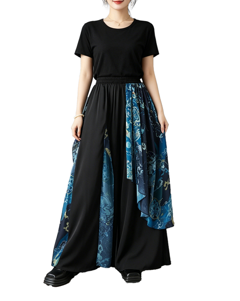 ellazhu Women's Chinese Print Patchwork Wide Leg Pants Palazzo Culottes Elastic Waist Loose Plus Size Casual GZ967