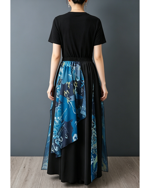 ellazhu Women's Chinese Print Patchwork Wide Leg Pants Palazzo Culottes Elastic Waist Loose Plus Size Casual GZ967
