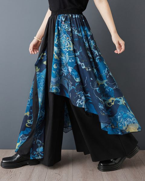 ellazhu Women's Chinese Print Patchwork Wide Leg Pants Palazzo Culottes Elastic Waist Loose Plus Size Casual GZ967