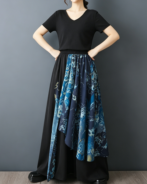 ellazhu Women's Chinese Print Patchwork Wide Leg Pants Palazzo Culottes Elastic Waist Loose Plus Size Casual GZ967