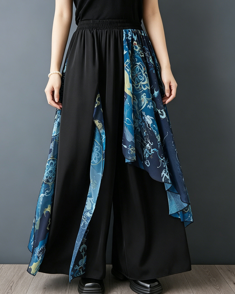ellazhu Women's Chinese Print Patchwork Wide Leg Pants Palazzo Culottes Elastic Waist Loose Plus Size Casual GZ967