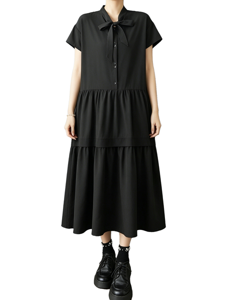 ellazhu Women's Bow Tie Neck Tiered Maxi Dress Short Sleeve Button Front Ruffle Hem Loose Gothic Plus Size GZ968