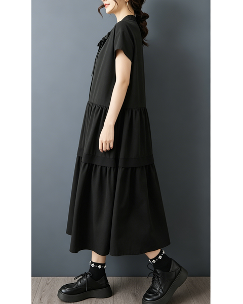 ellazhu Women's Bow Tie Neck Tiered Maxi Dress Short Sleeve Button Front Ruffle Hem Loose Gothic Plus Size GZ968