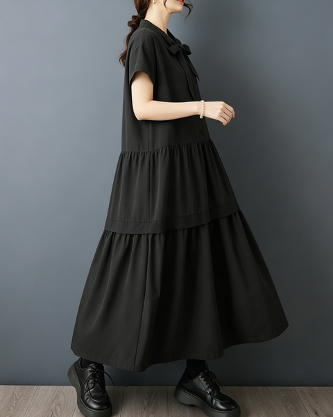 ellazhu Women's Bow Tie Neck Tiered Maxi Dress Short Sleeve Button Front Ruffle Hem Loose Gothic Plus Size GZ968