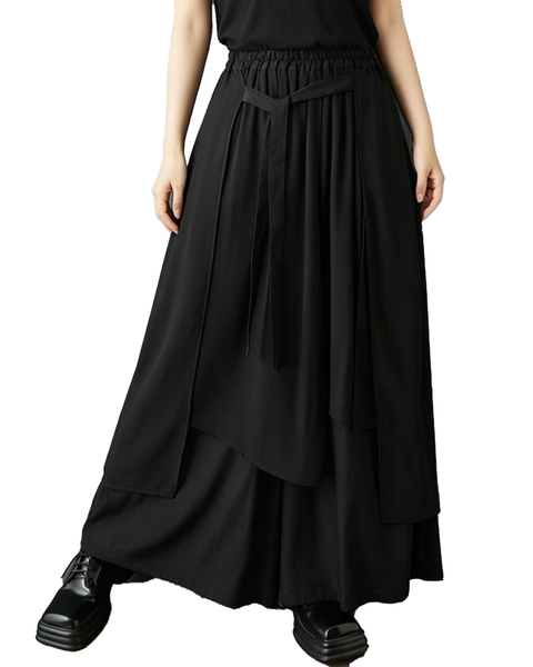 ellazhu Women's Chiffon Patchwork Wide Leg Pants Elastic Waist Tie Front Palazzo Culottes Loose Gothic Plus Size GZ969