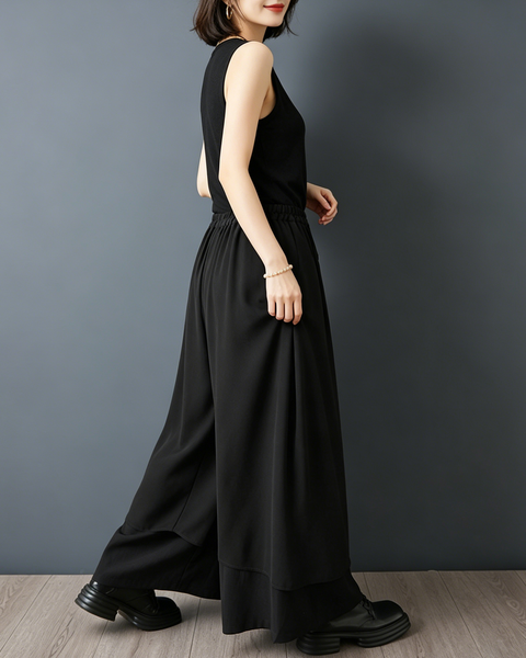 ellazhu Women's Chiffon Patchwork Wide Leg Pants Elastic Waist Tie Front Palazzo Culottes Loose Gothic Plus Size GZ969