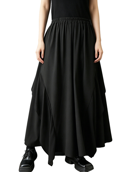 ellazhu Women's Chiffon Patchwork Wide Leg Pants Elastic Waist Ruffle Hem Palazzo Culottes Loose Gothic Plus Size GZ970