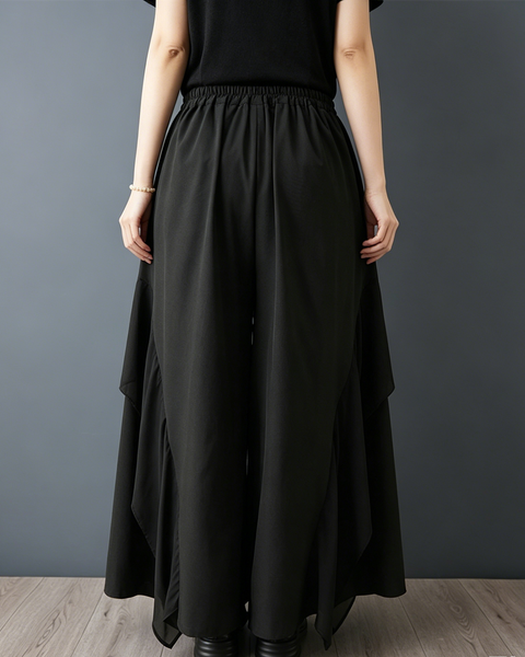 ellazhu Women's Chiffon Patchwork Wide Leg Pants Elastic Waist Ruffle Hem Palazzo Culottes Loose Gothic Plus Size GZ970