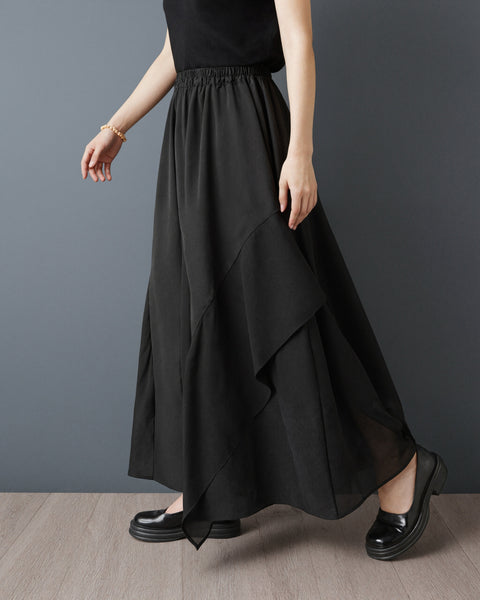 ellazhu Women's Chiffon Patchwork Wide Leg Pants Elastic Waist Ruffle Hem Palazzo Culottes Loose Gothic Plus Size GZ970